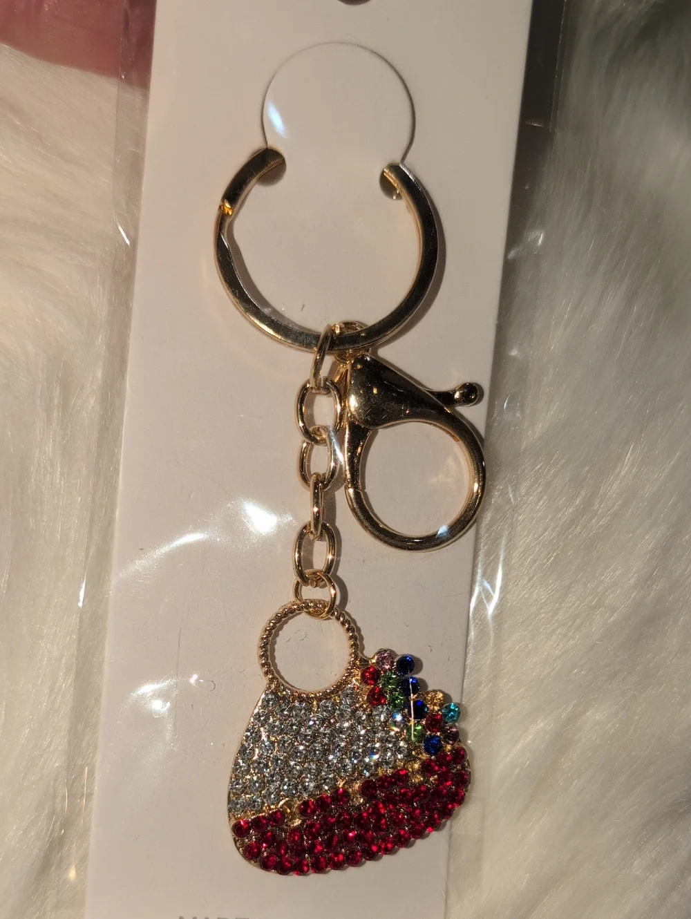 Ella Gold-Tone Red Purse Keychain with Clear, Red and Multicolor Rhinestones - Picture 1 of 4